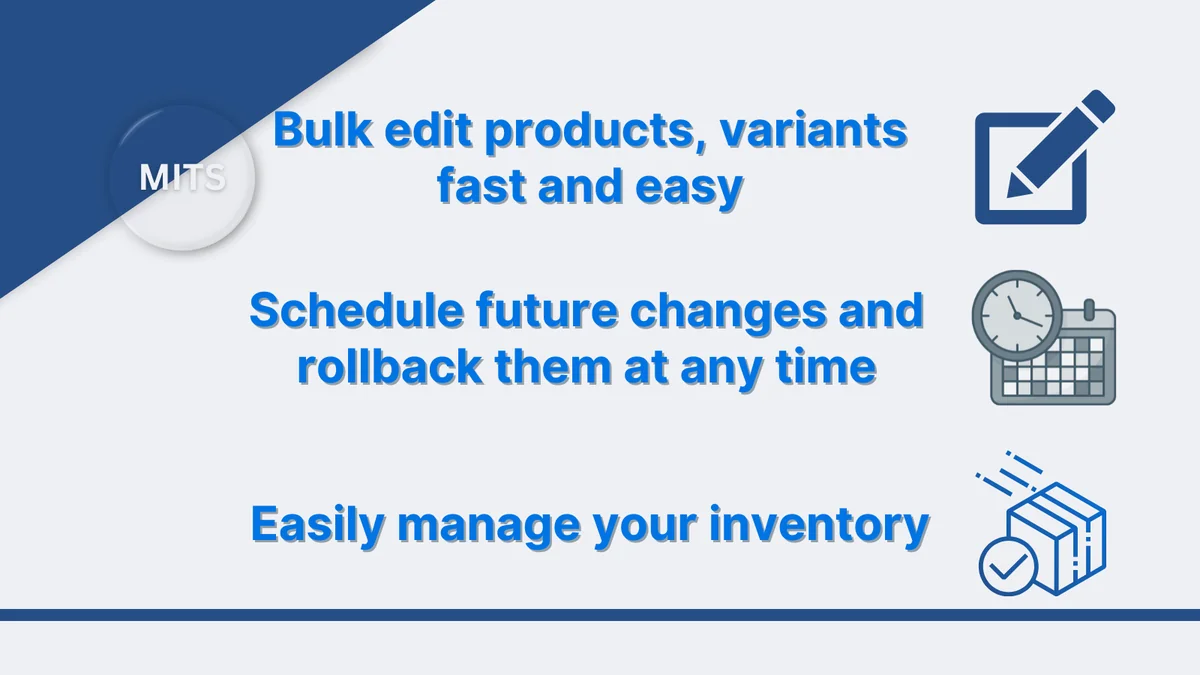Bulk edit products and variants, schedule future changes, roll them back, manage inventory
